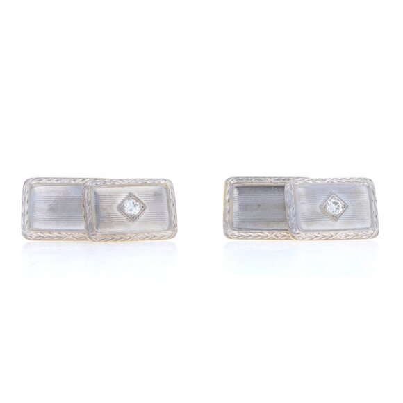 Yellow Gold Diamond Art Deco Men's Cufflinks -14k European .30ctw Etched Vintage